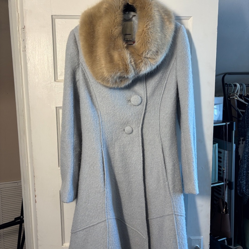 Elevenses Anthropologie Sky Blue Collared Beatrix Coat with Faux Fur Size 10